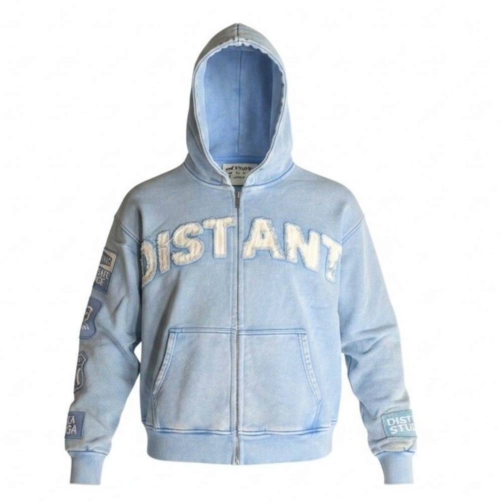 Distant Studios Men Blue Acid Wash Distant Chenille Patch Full Zip Hoodie Large
